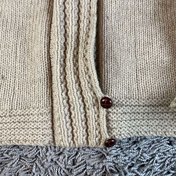 Vintage Cable Knit Cardigan Sweater Mens Womens Medium M Beige Pure Wool 70s 80s - Picture 13 of 16